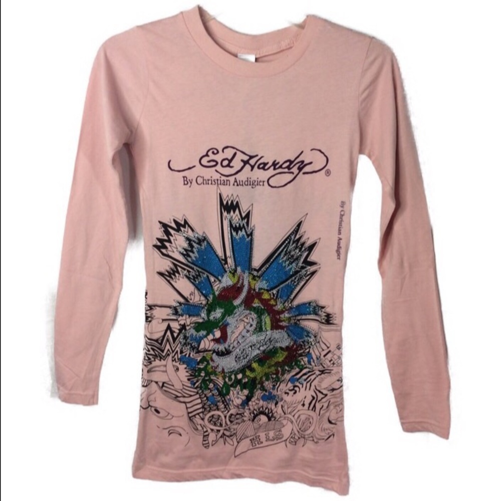 NWT Ed Hardy Women's Pink Long Sleeve Shirt Sz S - Picture 2 of 5
